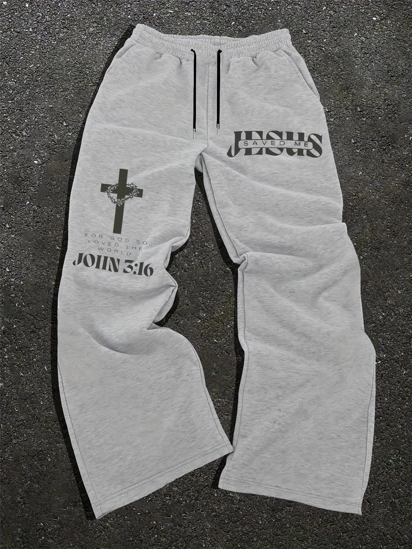 Men's Jesus Bible print drawstring sweatpants with cross pattern, casual and comfortable for jogging, classic and versatile