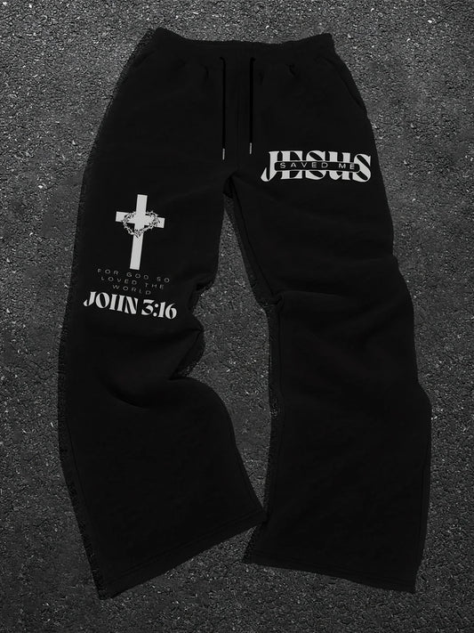 Men's Jesus Bible print drawstring sweatpants with cross pattern, casual and comfortable for jogging, classic and versatile